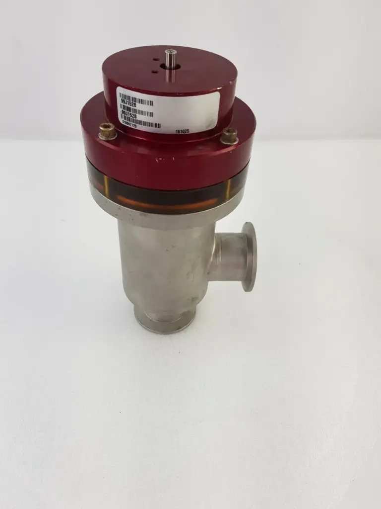 MKS HPS vacuum angle valve 99J1528, stainless body with red top housing