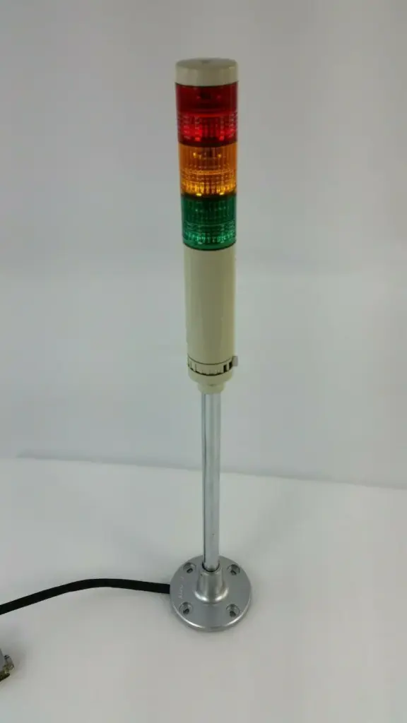 Patlite LCE-02FB three-tier red, amber, green LED light tower on metal pole with round base