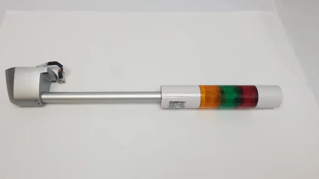 PATLITE LR5-02LJB signal tower with amber, green and red tiers on aluminum pole and angled bracket