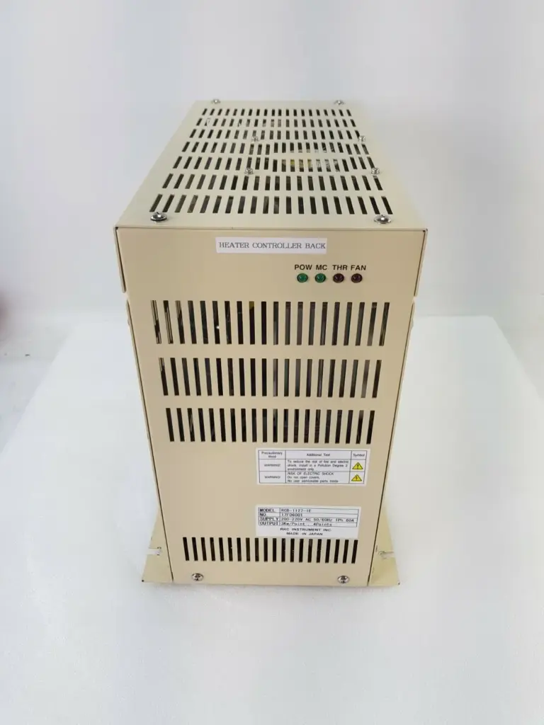 RKC Instrument RCB-1127-1E heater controller, front with POW, MC, THR and FAN LEDs and rating label