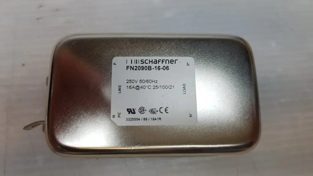 Schaffner FN2090B-16-06 EMI filter label: 250V 50/60Hz, 16A@40°C, LINE and LOAD sides