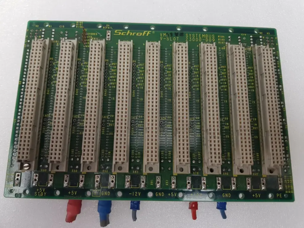 Schroff 23000-009 VME 9-slot systembus backplane, front with nine connectors and power terminals