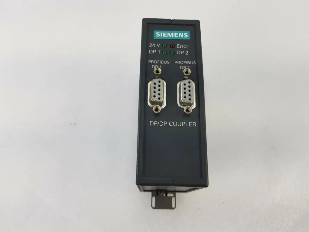 Siemens DP/DP coupler 6ES7 158-0AD00-0XA0 front with LEDs and two PROFIBUS DP sockets