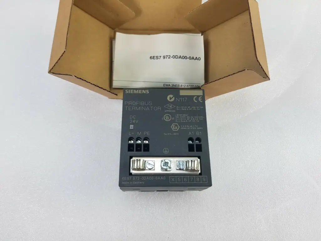 Siemens PROFIBUS terminator 6ES7 972-0DA00-0AA0 on its open box with the product information sheet