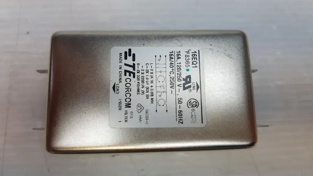 TE Corcom 16EQ1 EMI filter label: 16A, 120/250 V~, 50-60 Hz, F8365