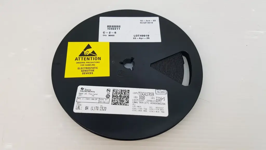 Texas Instruments TS3A24157RSER reel, TI label Qty 3000, date code 2216, with ESD attention label
