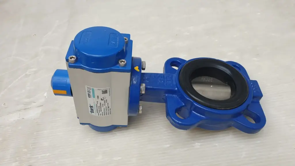Tork RA060DA11050070 pneumatic actuator mounted on a blue Asteknik DN65 butterfly valve