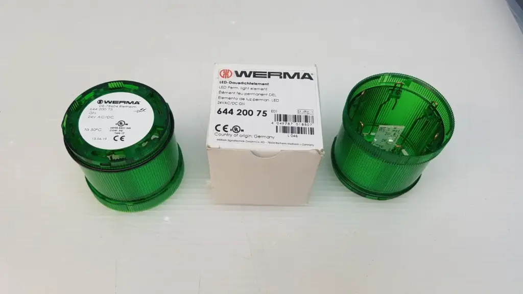 Three WERMA 644.200.75 green LED light elements, one in its original WERMA box